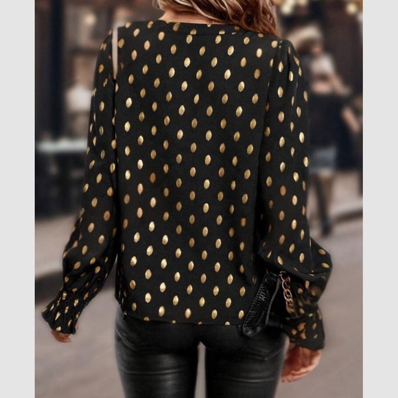 Luxe gold polka dots notched neck long sleeve blouse - Picture 3 of 8